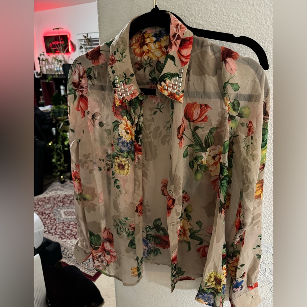 Floral Sheer Blouse with Studded Collar